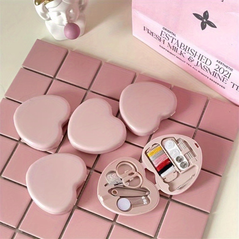 

[customer ] , Portable Love-shaped Sewing Kit With Thread, Scissors, - Travel And Home Sewing Box In Pink/red/blue