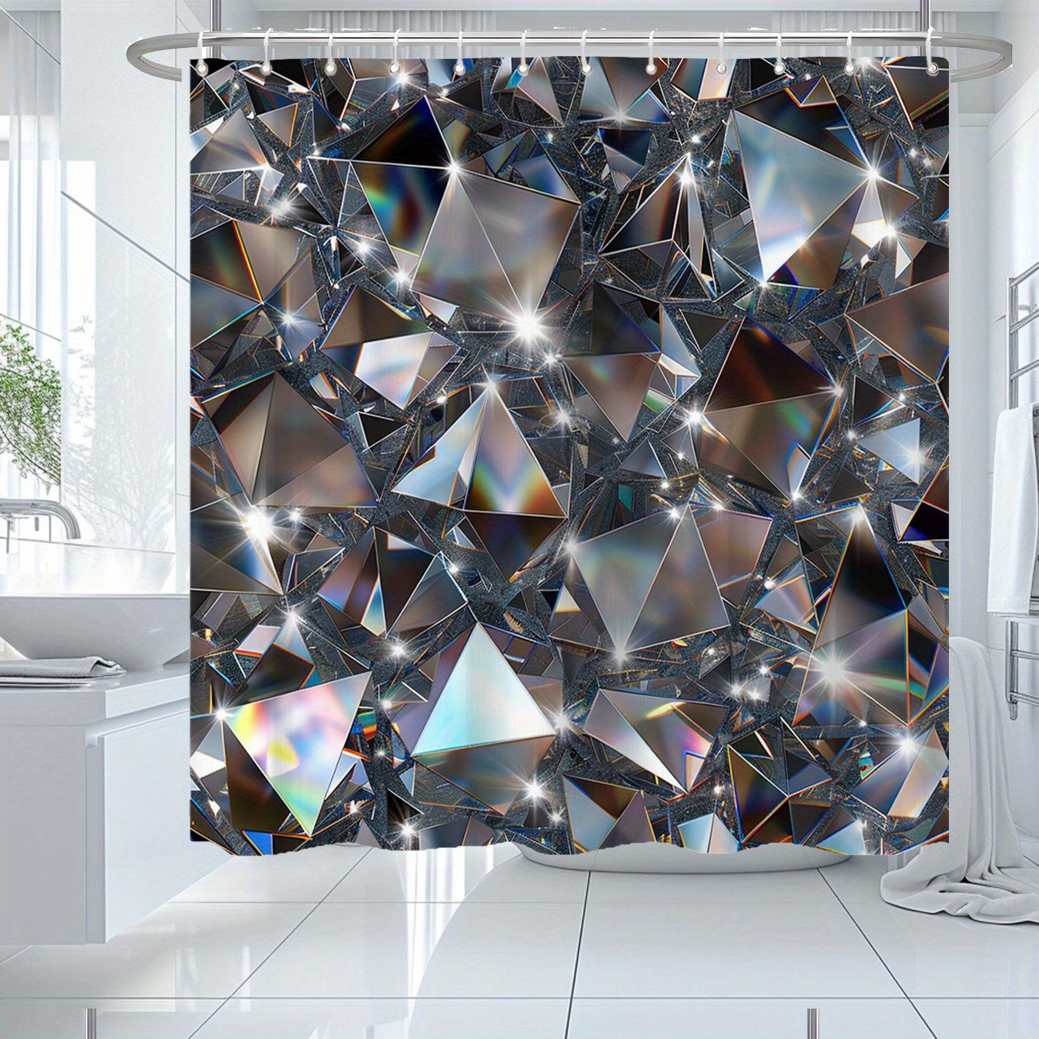 

Geometric Crystal Pattern Water-resistant Polyester Shower Curtain With 12 Hooks, Artistic Design Non-animal Themed, Woven Fabric, Bathroom Decor Accessory, Durable Washable - 71x71 Inches