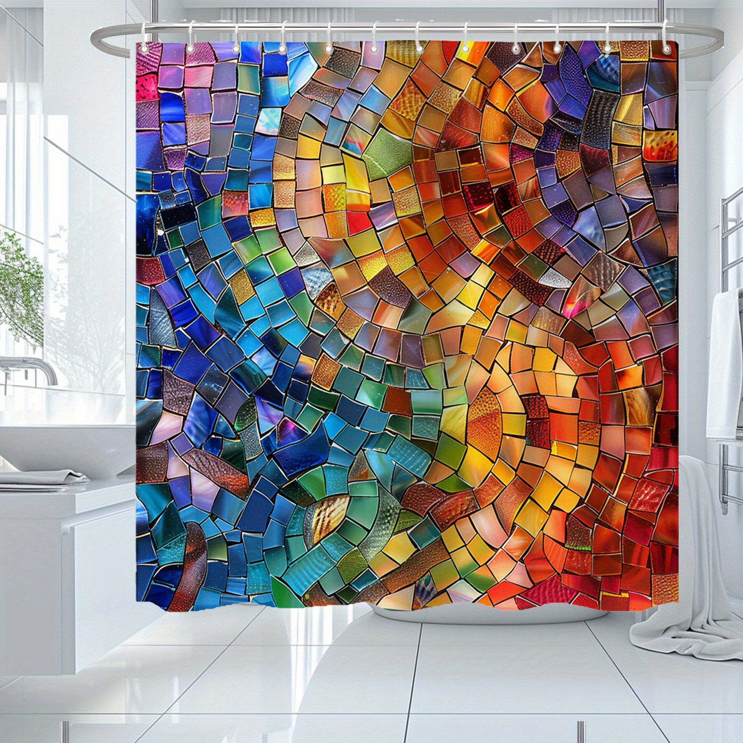 

Abstract Mosaic Art Design Water-resistant Polyester Shower Curtain With 12 Hooks, Non-animal Themed Printed Bathroom Decor, Artistic Woven Fabric Bath Accessory, Easy Care 71x71 Inches
