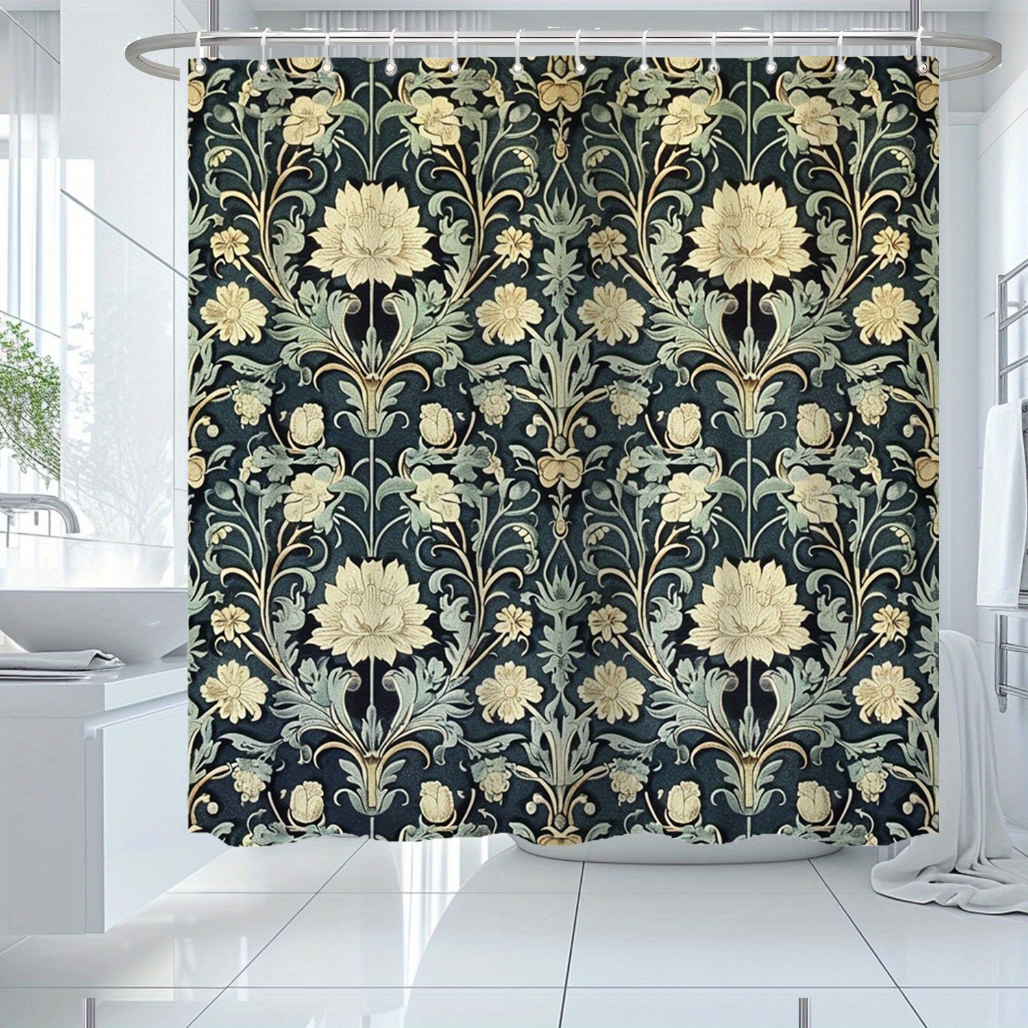 

Water-resistant Morris Symmetrical Floral Pattern Shower Curtain With 12 Hooks, Artistic Flower Style Bath Decor, Polyester Woven Curtain For Bathroom, Non-bleach Care, 71x71 Inch - Pack Of 1