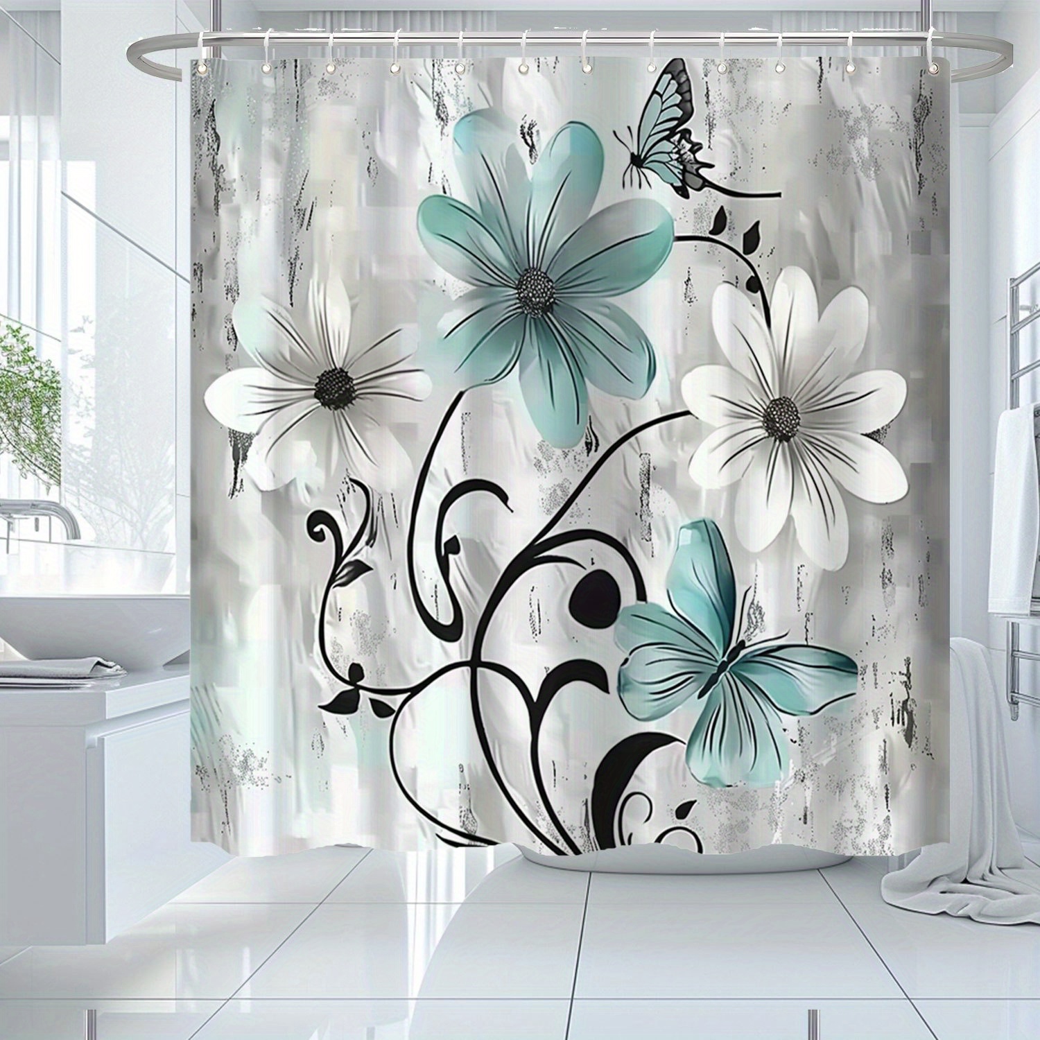 

Waterproof Polyester Shower Curtain With Butterfly And Flower Pattern, Mildew Resistant, 71x71 Inches, Includes 12 Hooks, Machine Washable, No , Woven Bathroom Decor With Elegant Arts Theme