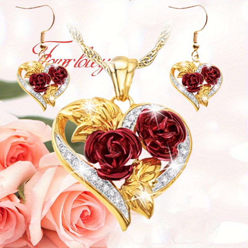 

3pcs Elegant Rose Flower Jewelry Set With Sparkling Rhinestones - Ideal For Birthdays, Anniversaries & Parties