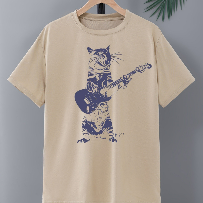 

Cat With Guitar Print, Men's Crew Neck Short Sleeve Tee Fashion Regular Fit T-shirt, Casual Comfy Breathable Top For Spring Summer Holiday Leisure Vacation Men's Clothing As Gift