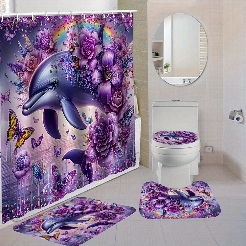 

Waterproof Dolphin-themed Polyester Shower Curtain Set With Non-slip Bath Mats, Rugs, Toilet Seat Cover, And Hooks - Fashionable Animal Pattern Water-resistant Bathroom Accessories