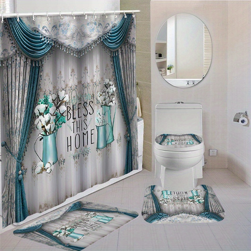 

1/4pcs Drapery Floral Pattern Shower Curtain Set, Waterproof Shower Curtain With Hooks, Non-slip Bath Rug, U-shape Mat, Toilet Lid Cover Pad, Bathroom Accessories