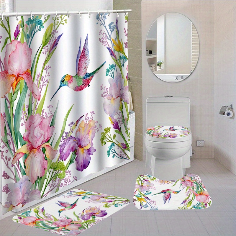 

1/4pcs Floral Hummingbird Pattern Shower Curtain Set, Waterproof Shower Curtain With Hooks, Non-slip Bath Rug, U-shape Mat, Toilet Lid Cover Pad, Bathroom Accessories