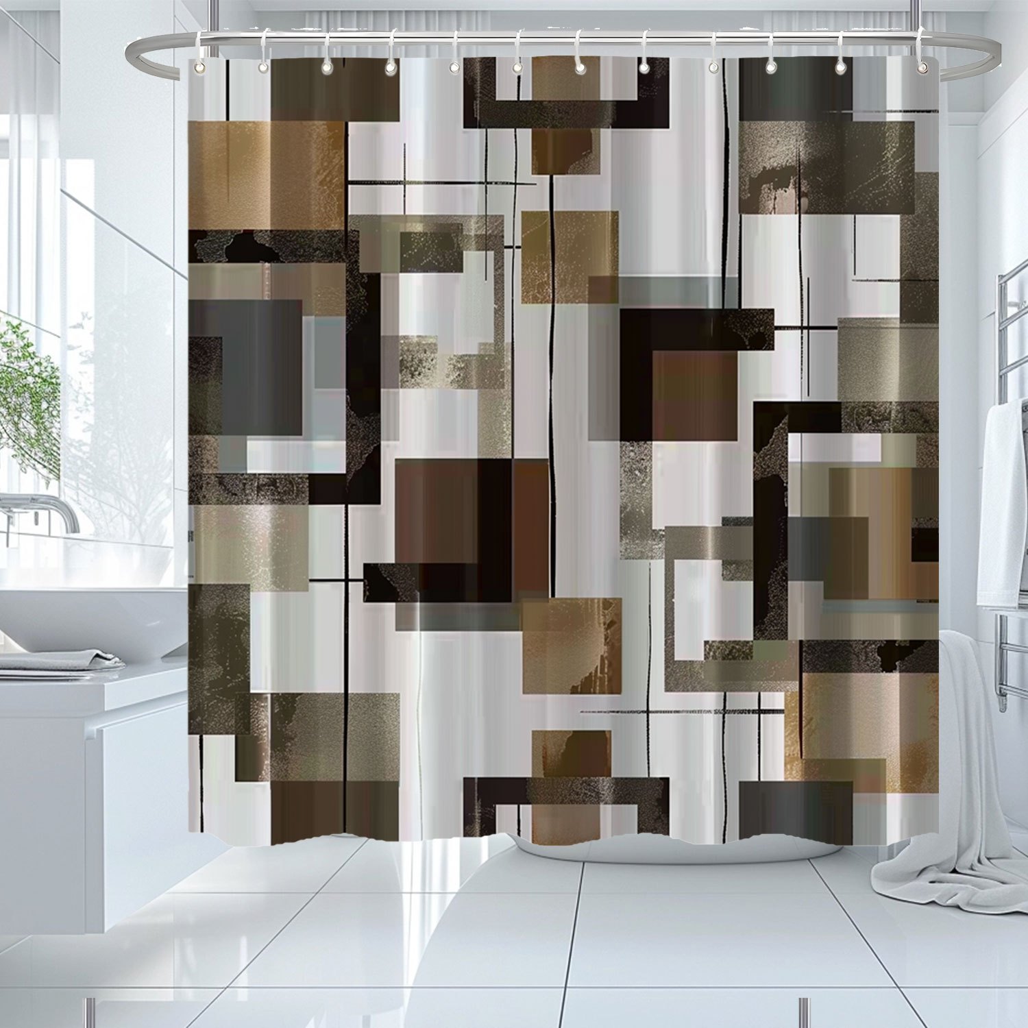 

decorative Charm" Brown Striped Artistic Shower Curtain With 12 Hooks - Waterproof Polyester, Perfect For Bathroom Decor & Accessories, 71x71 Inches