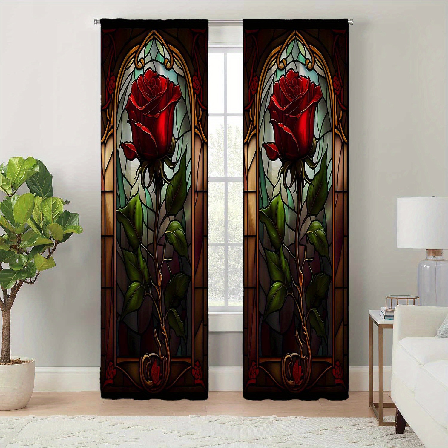 

Pastoral Rose Stained Glass Jacquard Doorway Curtain Set For Living Room - Boho Style, Polyester Fabric With Tie Back, Machine Washable Vintage Floral Print Drapes