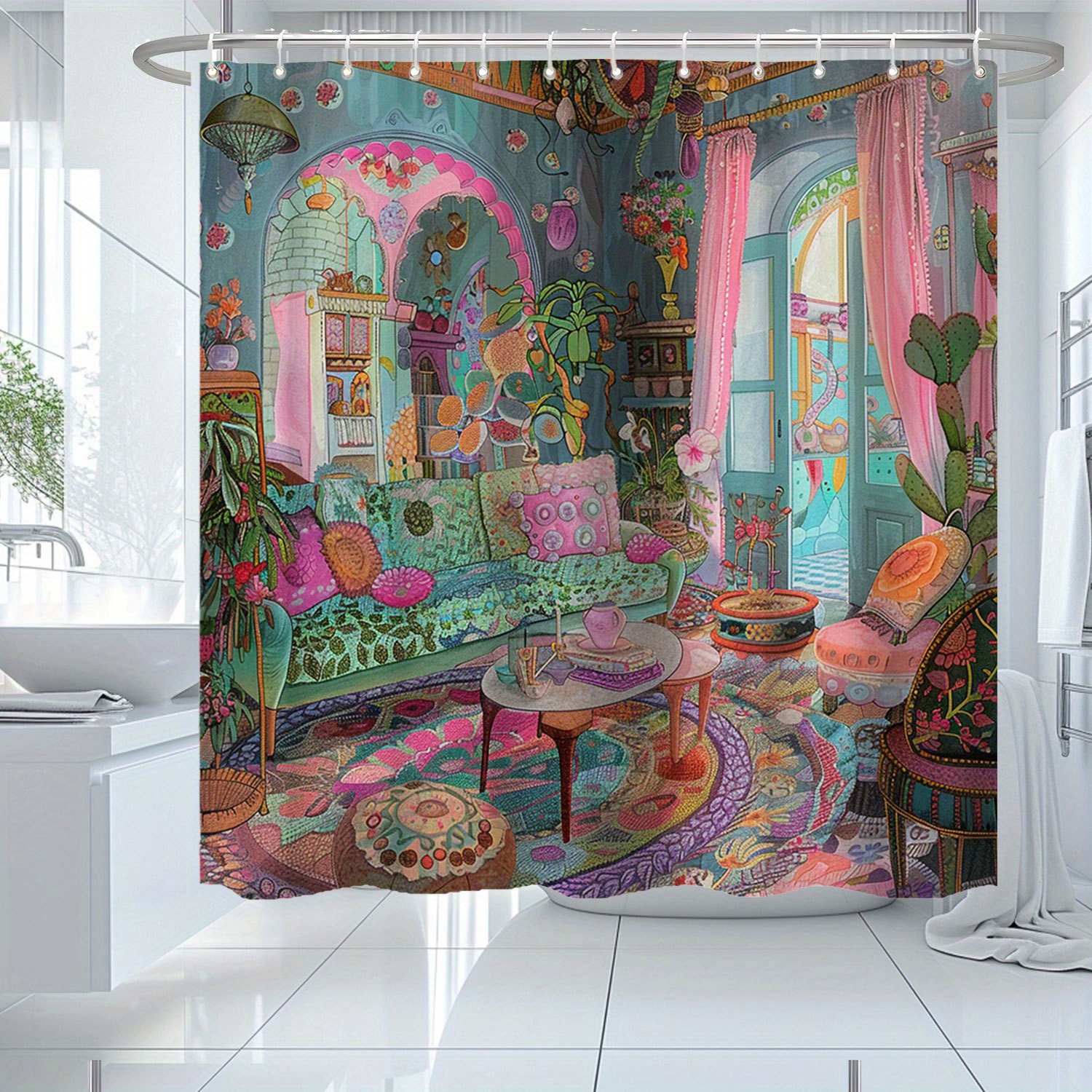 

1pc, Colorful Indoor Pattern Waterproof Shower Curtain, With 12 Hooks, Bathroom Decoration, Shower Curtain For Bathroom, Bathroom Accessories. 71x71in