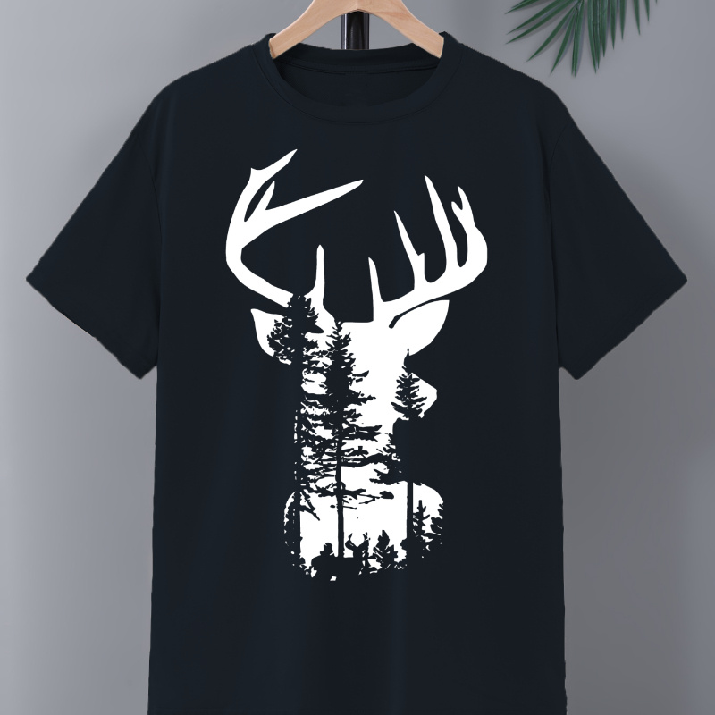 

Deer Head Tree Pattern Print, Men's Crew Neck Short Sleeve Tee Fashion Regular Fit T-shirt, Casual Comfy Breathable Top For Spring Summer Holiday Leisure Vacation Men's Clothing As Gift