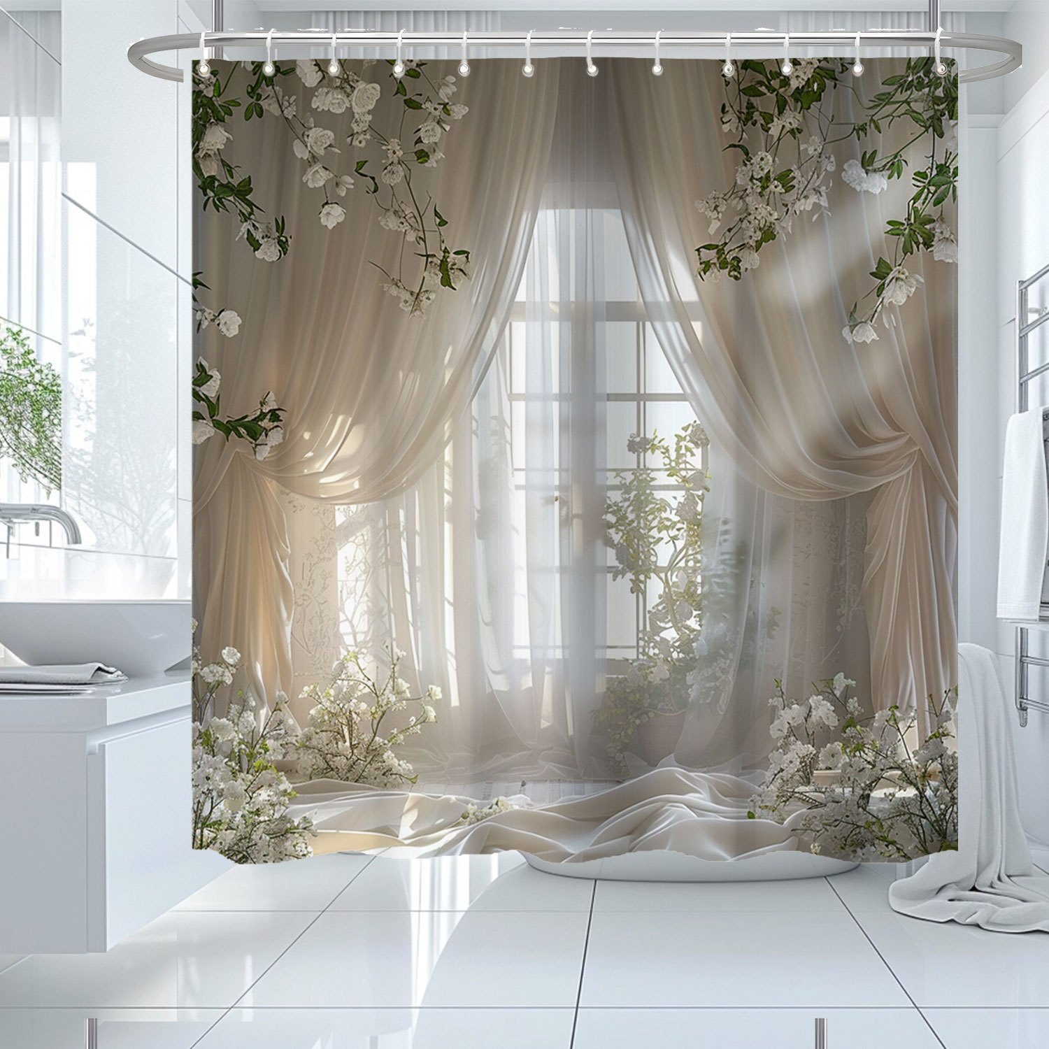 

Dreamy White Window Floral Scenery Water-resistant Shower Curtain With 12 Hooks, Artistic Polyester Bath Decor, Woven Fabric, Hook-accessory Included, 71x71 Inch - Easy Care, No-bleach Wash