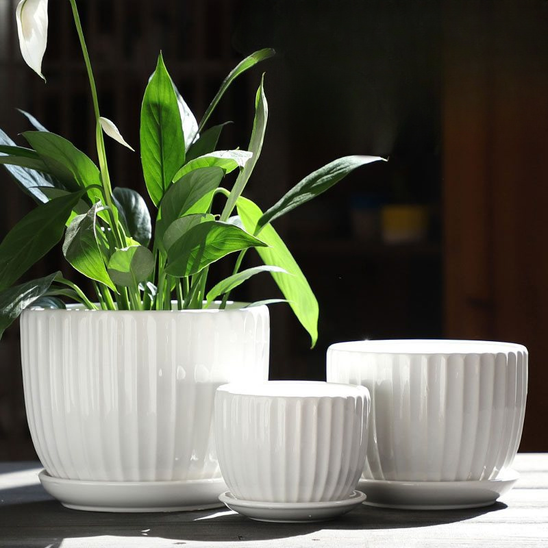 

3-piece White Ceramic Planter Set With Saucers - Modern Striped Design For Indoor & Outdoor Use, Perfect For Garden Tools & Lawn Care