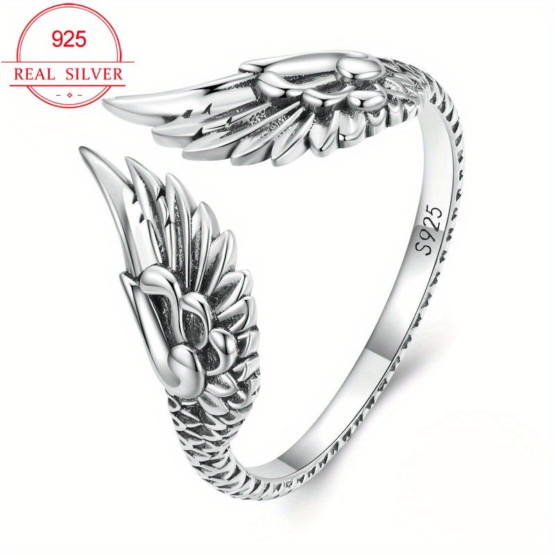 

1pc S925 Sterling Silver Wings Open Ring, Simple Retro Guardian Feather Finger Ring Hand Jewelry