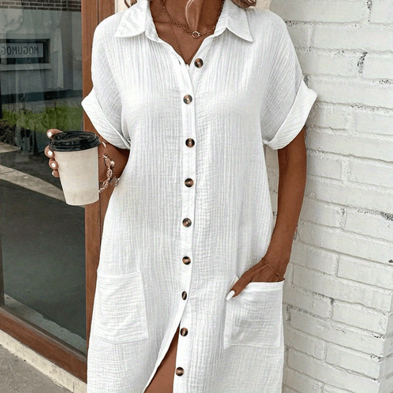 

Women's Summer New Casual Solid Color Single Breasted Medium Long Short Sleeve Loose Casual Dress