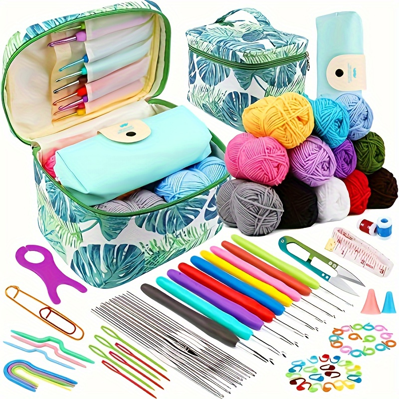 

87pcs Cotton Yarn Crochet Kit With Soft Grip Ergonomic Hooks, Fabric Storage Bag, And Accessories For Beginners And Experienced Crafters - Light Green All-season Crochet Set.
