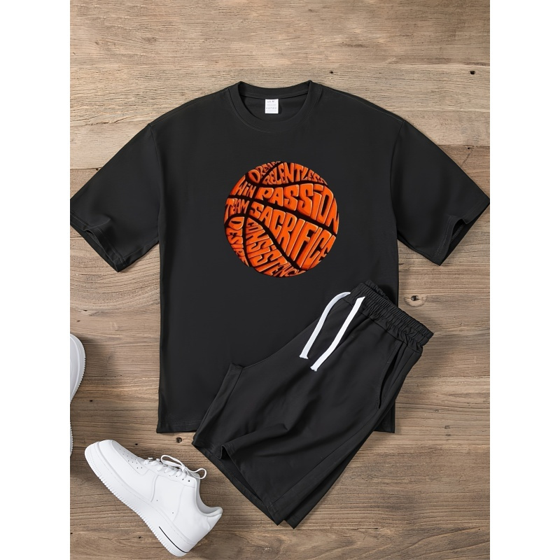 

Creative Basketball Pattern Made Up By Letters Printed, Heavy Cotton Men's Round Neck Short Sleeved T-shirt, Casual, Comfortable And Lightweight Top