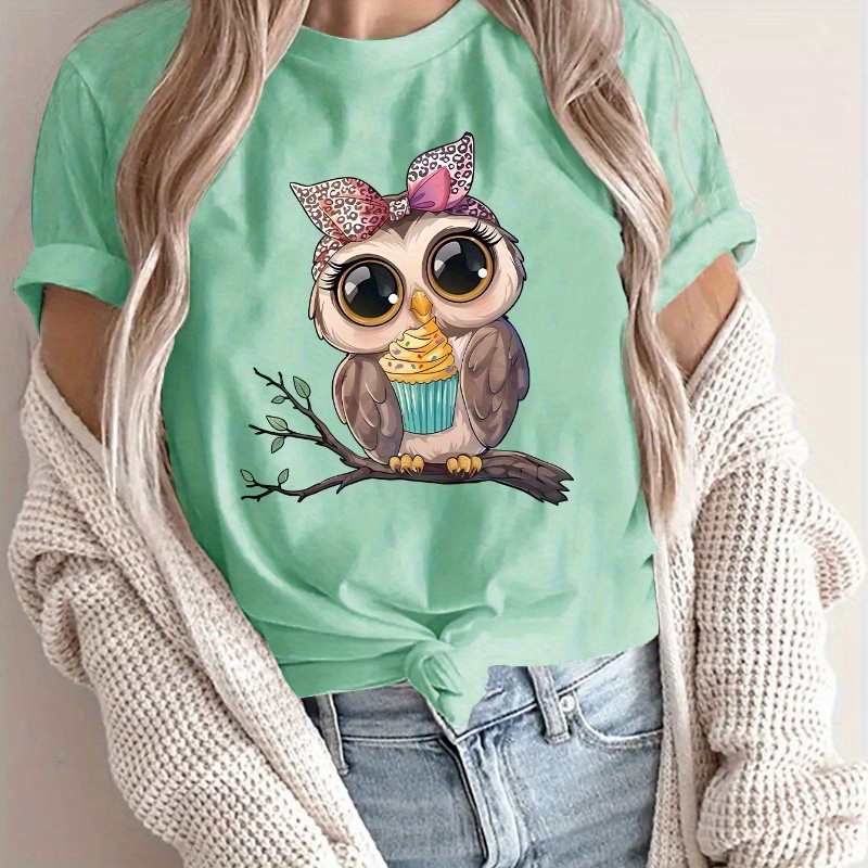 

Cute Owl Print Crew Neck T-shirt, Casual Short Sleeve Top For Spring & Summer, Women's Clothing
