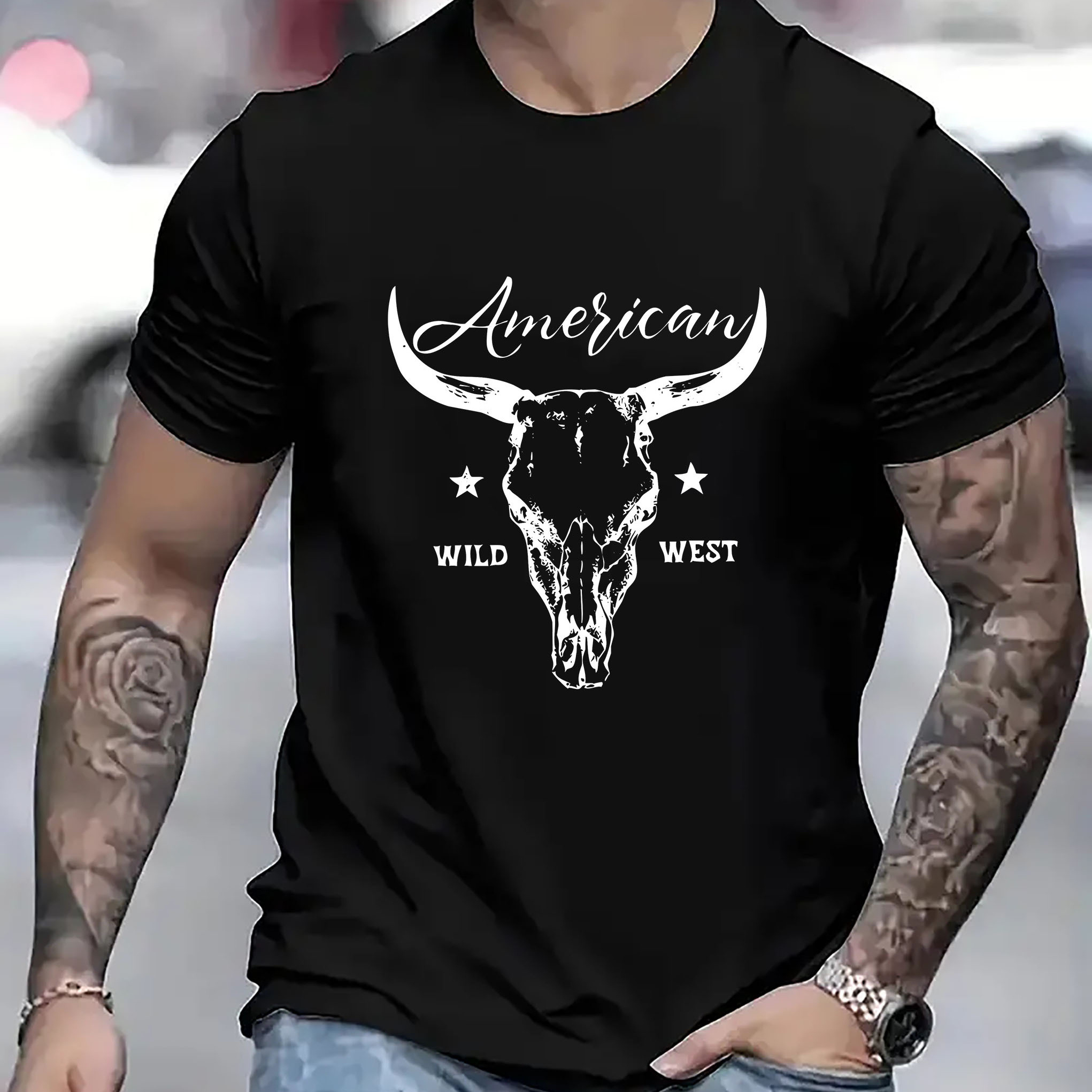 

Wild West Geometric Print Men's T-shirt - Casual, Comfortable Summer Tee With Round Neck, Short Sleeves, Machine Washable Polyester