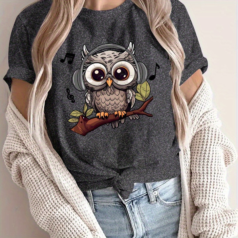 

Cute Owl Print Crew Neck T-shirt, Casual Short Sleeve Top For Spring & Summer, Women's Clothing