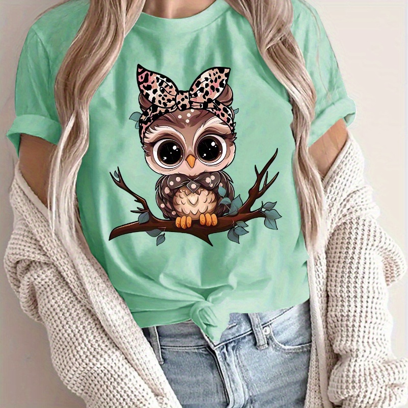 

Cute Owl Print Crew Neck T-shirt, Casual Short Sleeve Top For Spring & Summer, Women's Clothing
