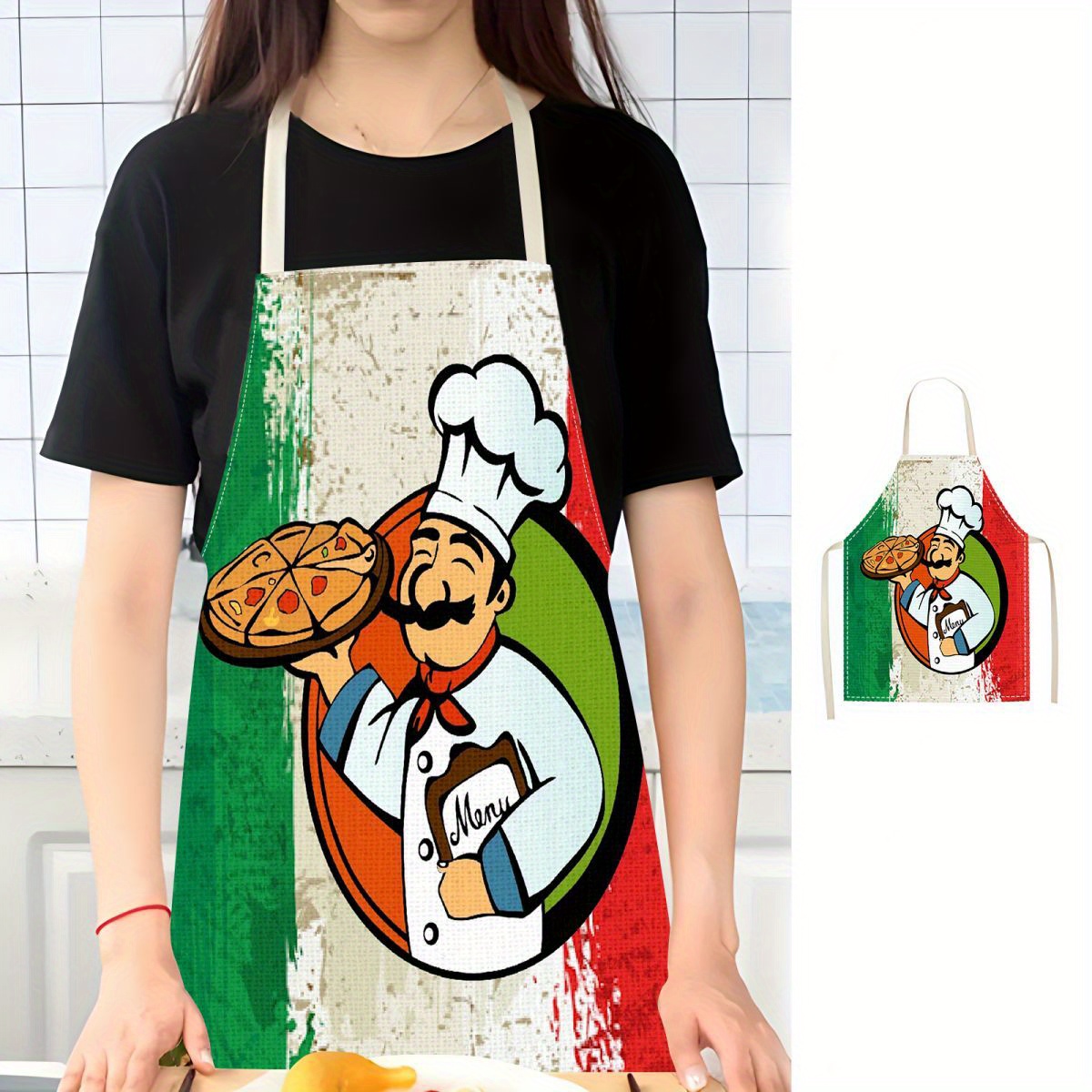 

1pc Italian Chef Themed Polyester Apron - Durable, Stain-resistant Kitchen Apron With Adjustable Neck Strap And Waist Ties - Woven Cooking Apron Perfect For Culinary Enthusiasts