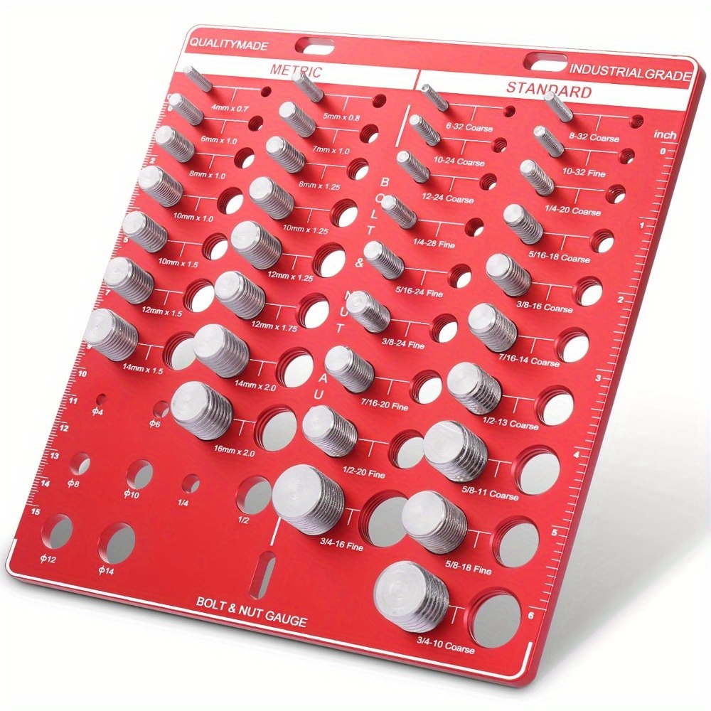 

34 Nut And Bolt Thread Checker: Metric And Standard Sizes With 19 Standard And 15 Metric Bolts, Ranging From #6 To 3/4" And 4mm To 16mm - Red