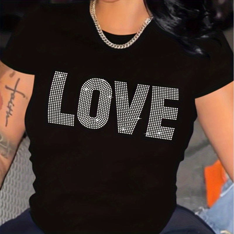 

Love Print T-shirt, Short Sleeve Crew Neck Casual Top For Summer & Spring, Women's Clothing