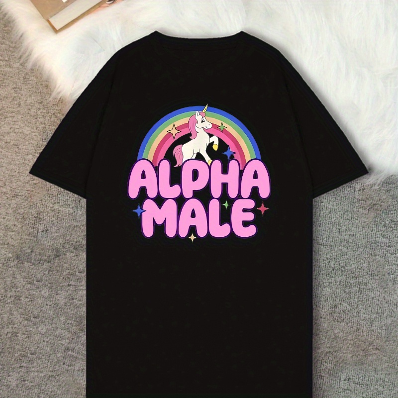 

Unicorn & Rainbow Print Crew Neck T-shirt, Casual Alpha Male Pattern Short Sleeve T-shirt For Spring & Summer, Women's Clothing