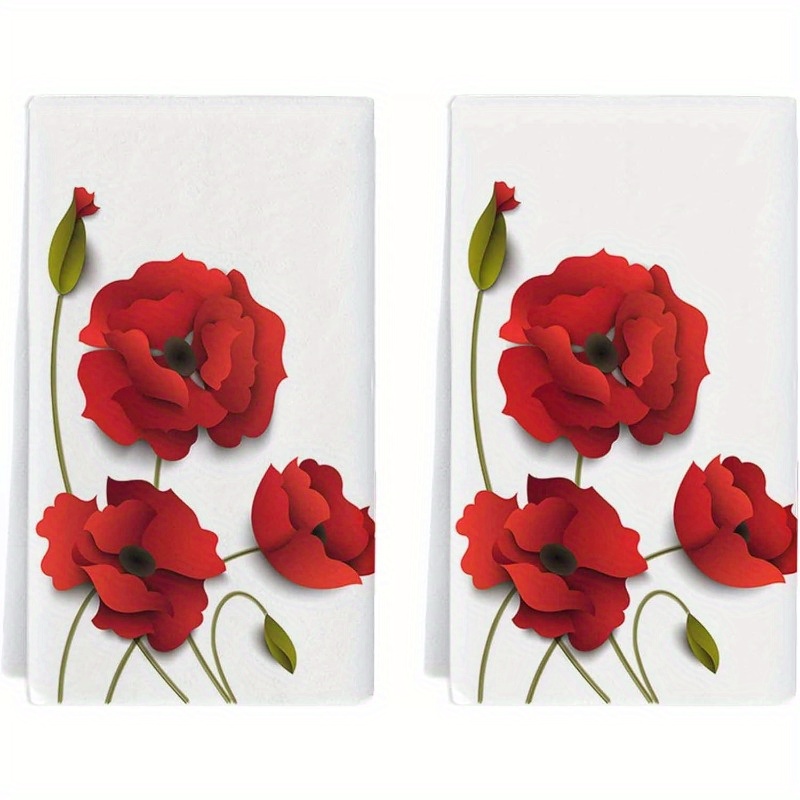 

Set Of 2 Red Poppy Kitchen Towels – Modern Woven Polyester Dish Cloths, Super Soft & Absorbent, Machine Washable, Flower-themed For Home Decor, Farmhouse, Baking, Spring/summer Cleaning 18x26 Inches