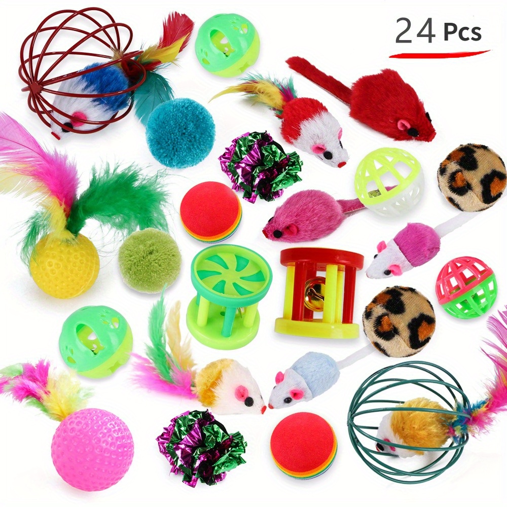 

24 Pcs Cat Toy Set With Bells, Feather Wands, Rattle Mice, And Plastic Balls - Cartoon Patterned Interactive Kit, Non-battery Fun Assortment For Cats