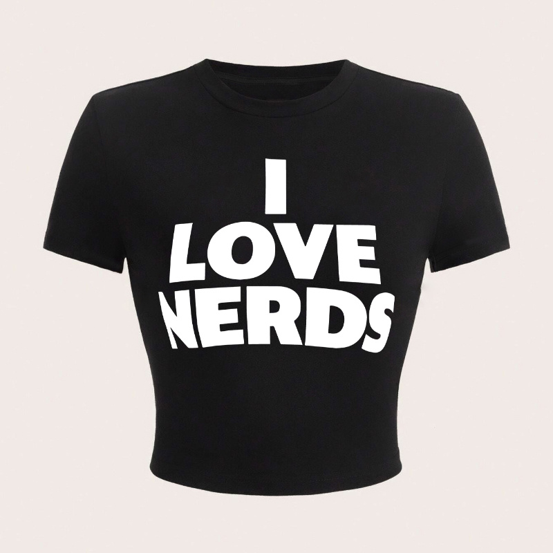 

I Love Nerds Print Crop T-shirt, Casual Crew Neck Short Sleeve Top For Spring & Summer, Women's Clothing