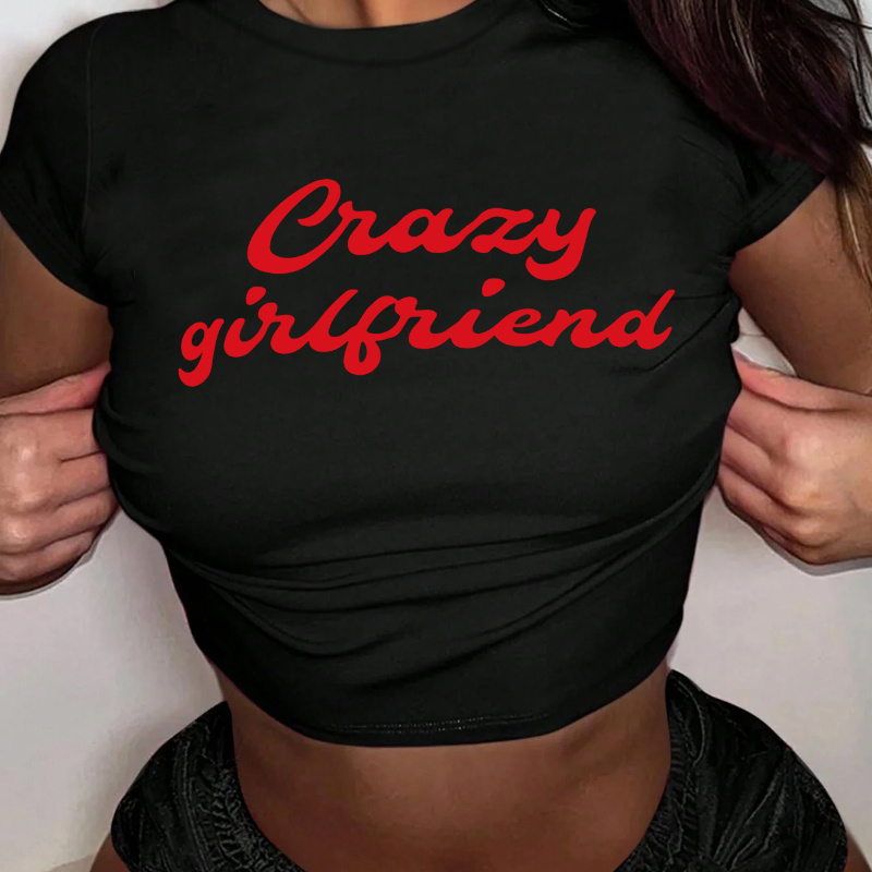 

Girlfriend Print Crop T-shirt, Casual Crew Neck Short Sleeve Top For Spring & Summer, Women's Clothing