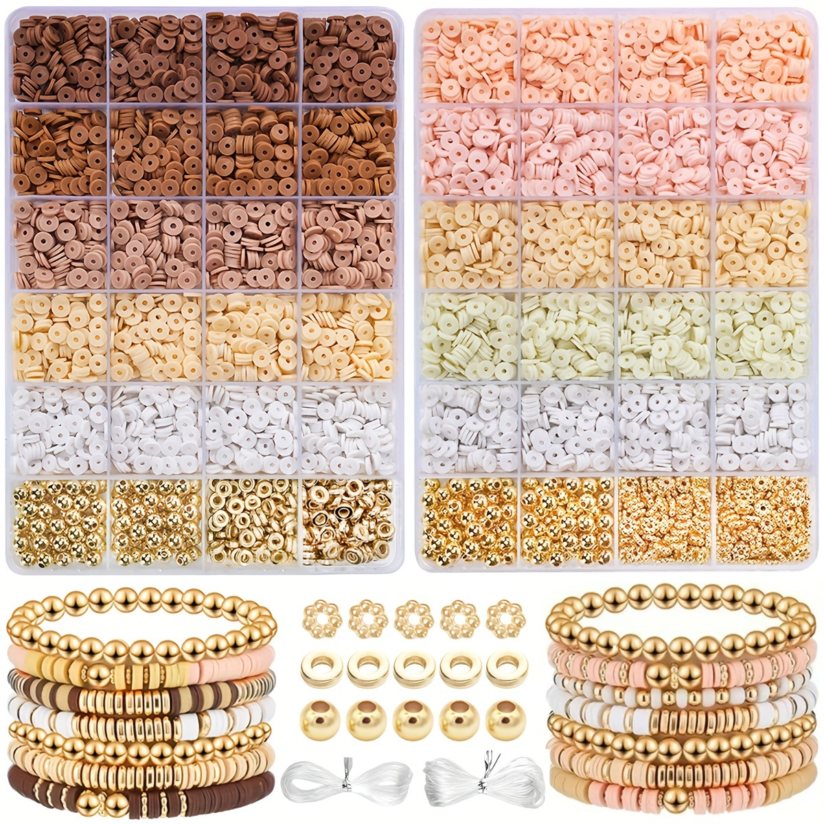 

2000pcs Kit de Perles en Argile Polymère Boho, Nuances Rose Pêche, Fabrication de Bracelets et Bijoux DIY Perles d'Espacement Dorées et Argentées Fils Élastiques en Cristal