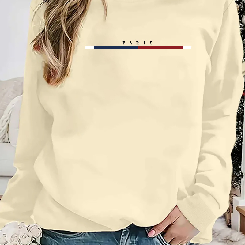 

Paris Print Women's Fashion Casual Round Neck Sweatshirt, Long Sleeve Pullover Sports Top For Fall & Winter, Women's Activewear