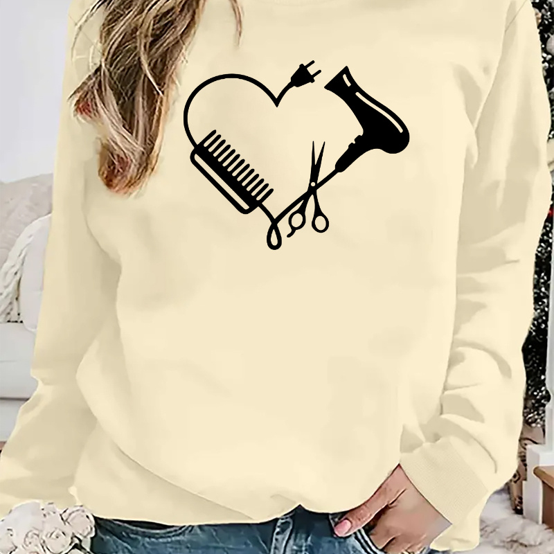 

Women's Fashion Casual Crewneck Sweatshirt With Hairdresser Blow Dryer Print, Long Sleeve Pullover Top For Fall & Winter