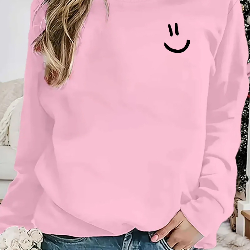 

Smiling Face Print Women's Fashion Casual Round Neck Sweatshirt, Long Sleeve Pullover Sports Top For Fall & Winter, Women's Activewear