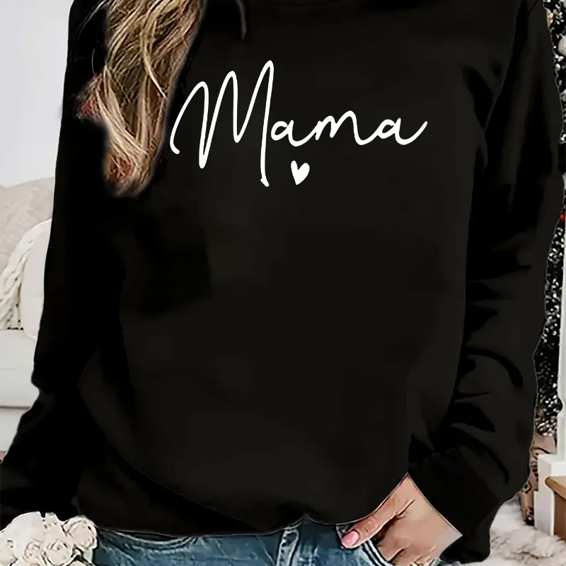 

Mama Letter Print Women's Fashion Casual Round Neck Sweatshirt, Long Sleeve Pullover Sports Top For Fall & Winter, Women's Activewear