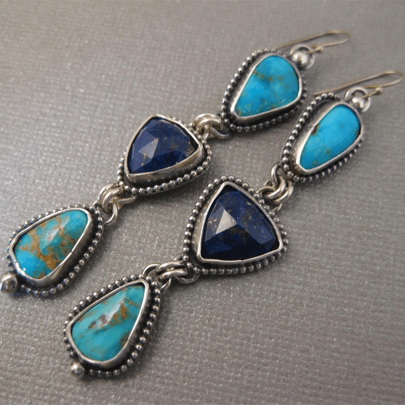 

Boho Style Handmade Lapis & Turquoise Gemstone Dangle Earrings With Hook Pendant - Unique And Eye-catching Fashion Accessory