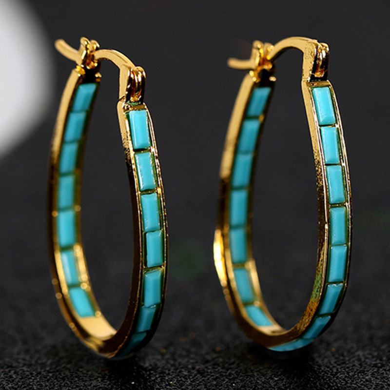 

2pcs Copper U-shaped Hoop Earrings With Turquoise , Fashionable Hip Hop Style , Ideal For & , For Women, Suitable For 14+