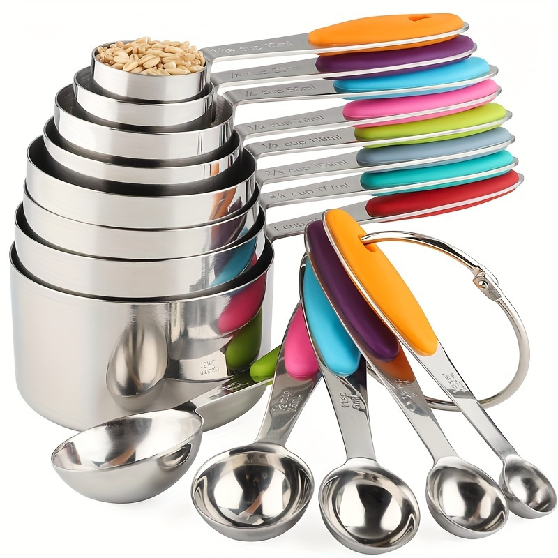 

5-piece Stainless Steel Measuring Cup And Spoon Set With Silicone Handles - Cooking And Baking