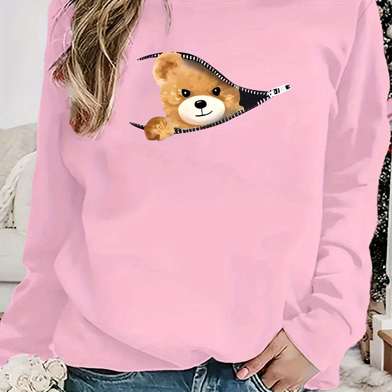 

Bear Print Women's Fashion Casual Round Neck Sweatshirt, Long Sleeve Pullover Sports Top For Fall & Winter, Women's Activewear