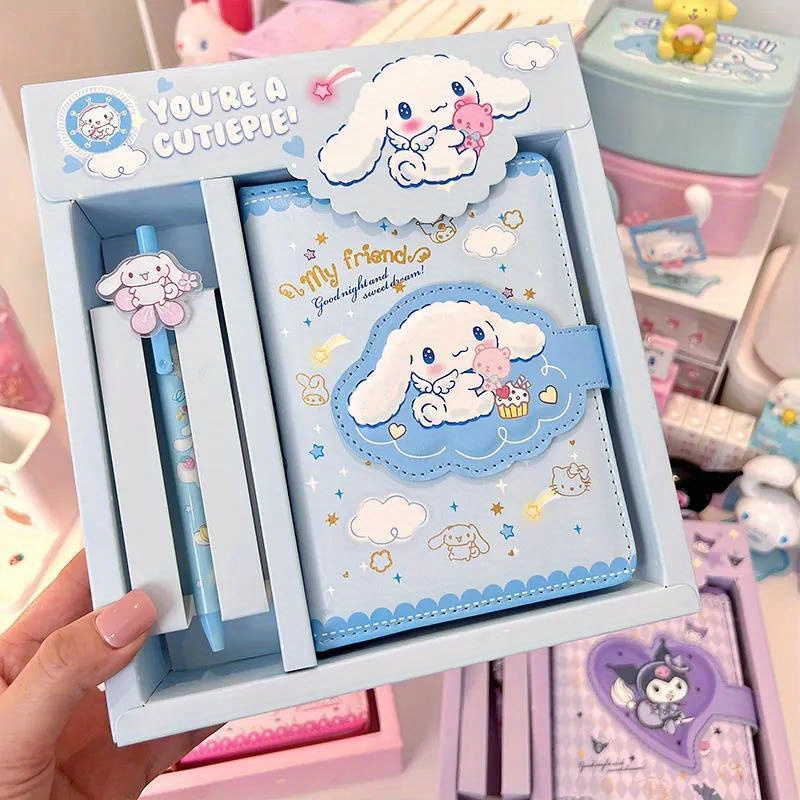 

adorable Characters" Sanrio Hello Kitty, Cinnamoroll & Kuromi Portable Notebook And Pen Set - Matte Finish, College-ruled Stationery Kit For Office Supplies