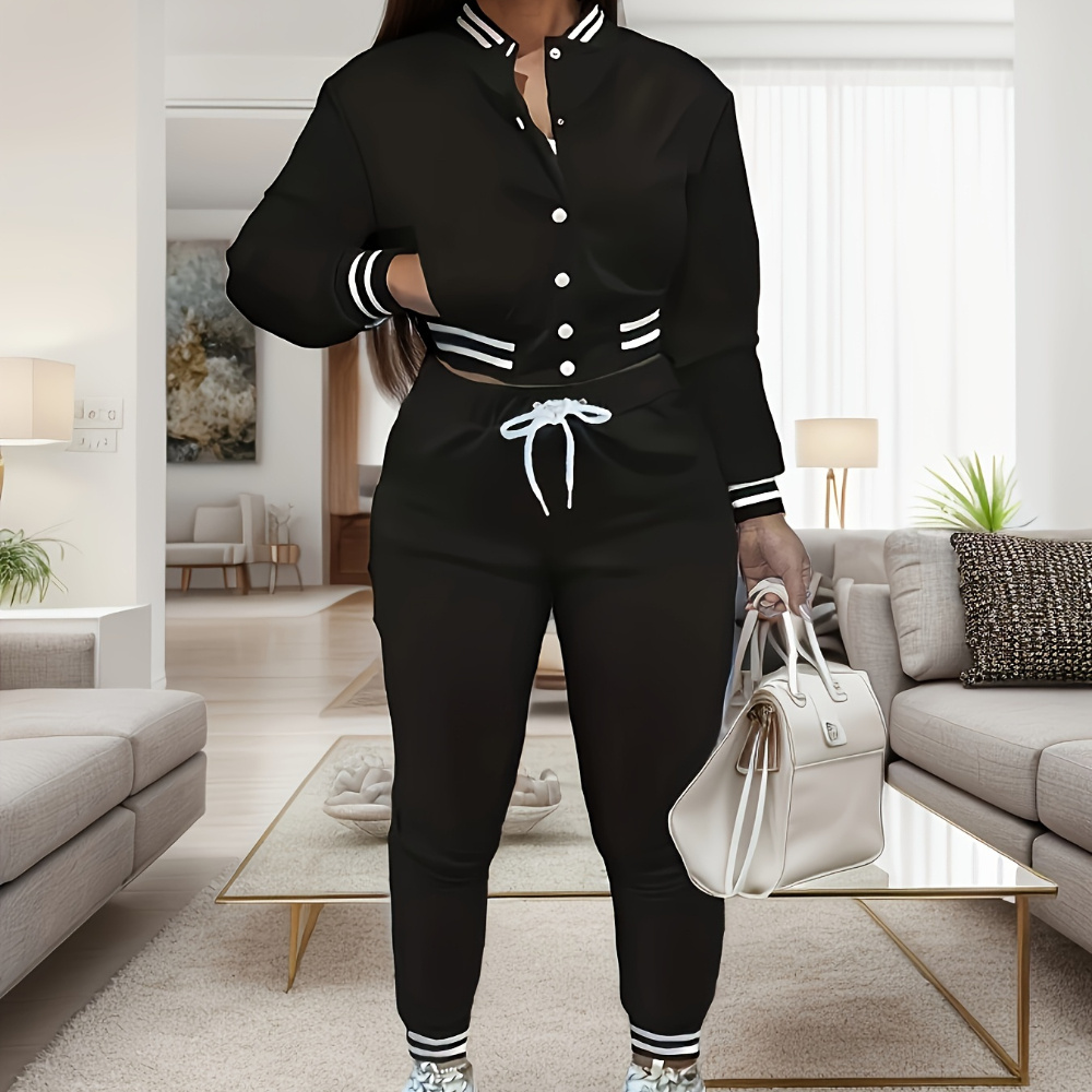

Women's Casual Sportswear Set, Solid Color Baseball Jacket And Pants, Spring/autumn Fashion Outfit