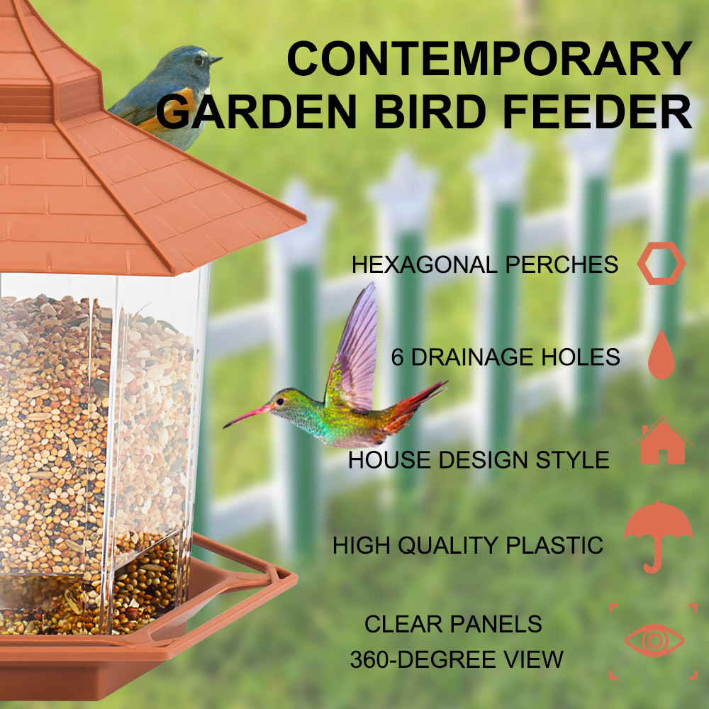 large capacity outdoor hanging bird feeder set automatic food dispenser rainproof and waterproof hexagonal   design sparrow feeding house with hanging rope garden decor bird feeding courtyard decor Product details 1