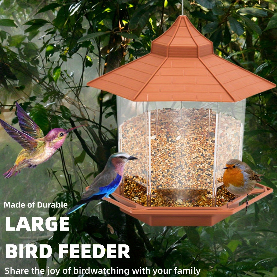large capacity outdoor hanging bird feeder set automatic food dispenser rainproof and waterproof hexagonal   design sparrow feeding house with hanging rope garden decor bird feeding courtyard decor Product details 2