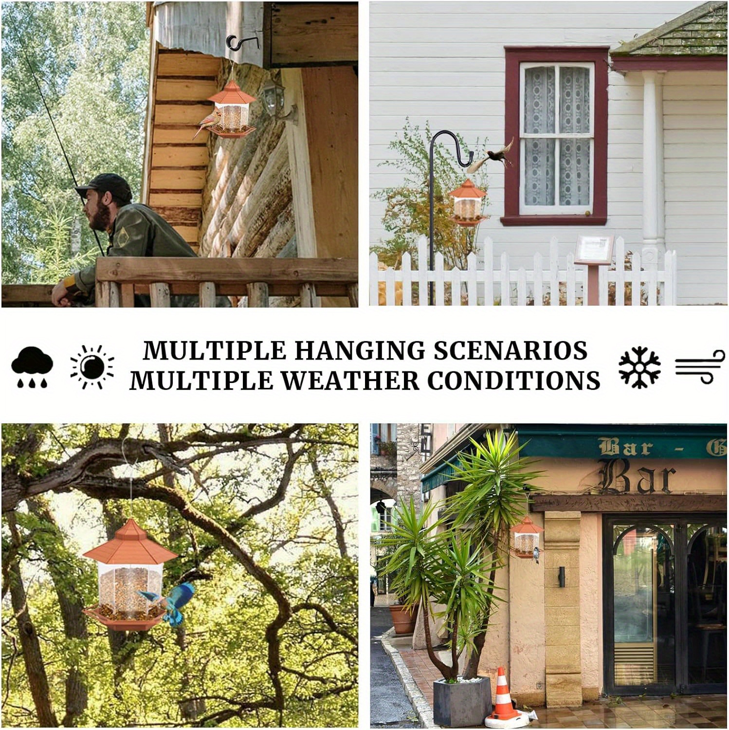 large capacity outdoor hanging bird feeder set automatic food dispenser rainproof and waterproof hexagonal   design sparrow feeding house with hanging rope garden decor bird feeding courtyard decor Product details 7