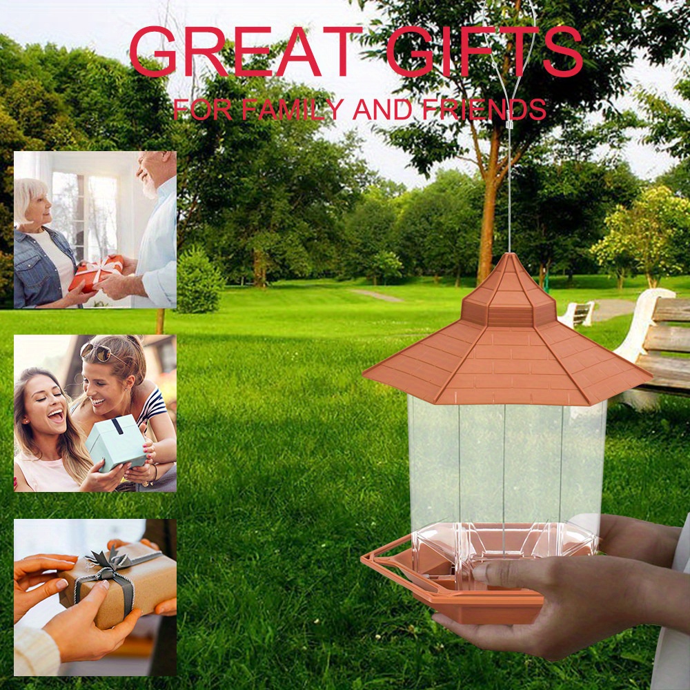 large capacity outdoor hanging bird feeder set automatic food dispenser rainproof and waterproof hexagonal   design sparrow feeding house with hanging rope garden decor bird feeding courtyard decor Product details 8