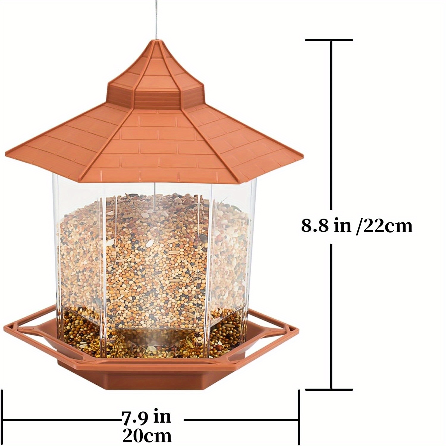 large capacity outdoor hanging bird feeder set automatic food dispenser rainproof and waterproof hexagonal   design sparrow feeding house with hanging rope garden decor bird feeding courtyard decor Product details 9