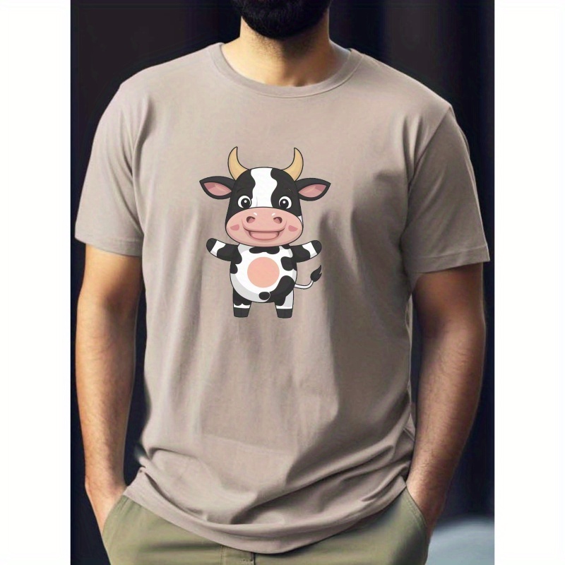 

Cute Cartoon Cow Graphic Print, Men's Round Neck Casual T-shirt For Daily Wear