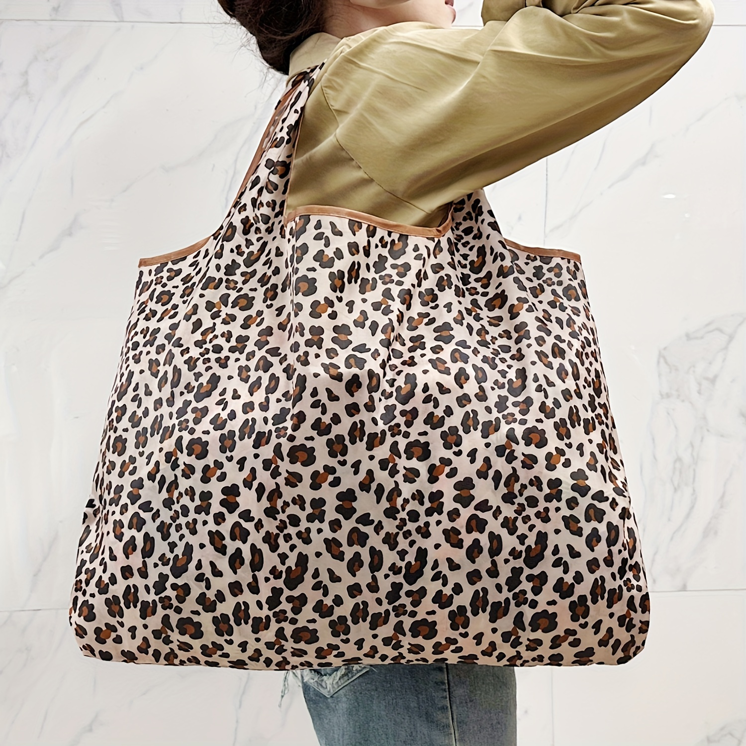 large capacity leopard pattern shoulder shopping bag daily use foldable handbag for women details 6